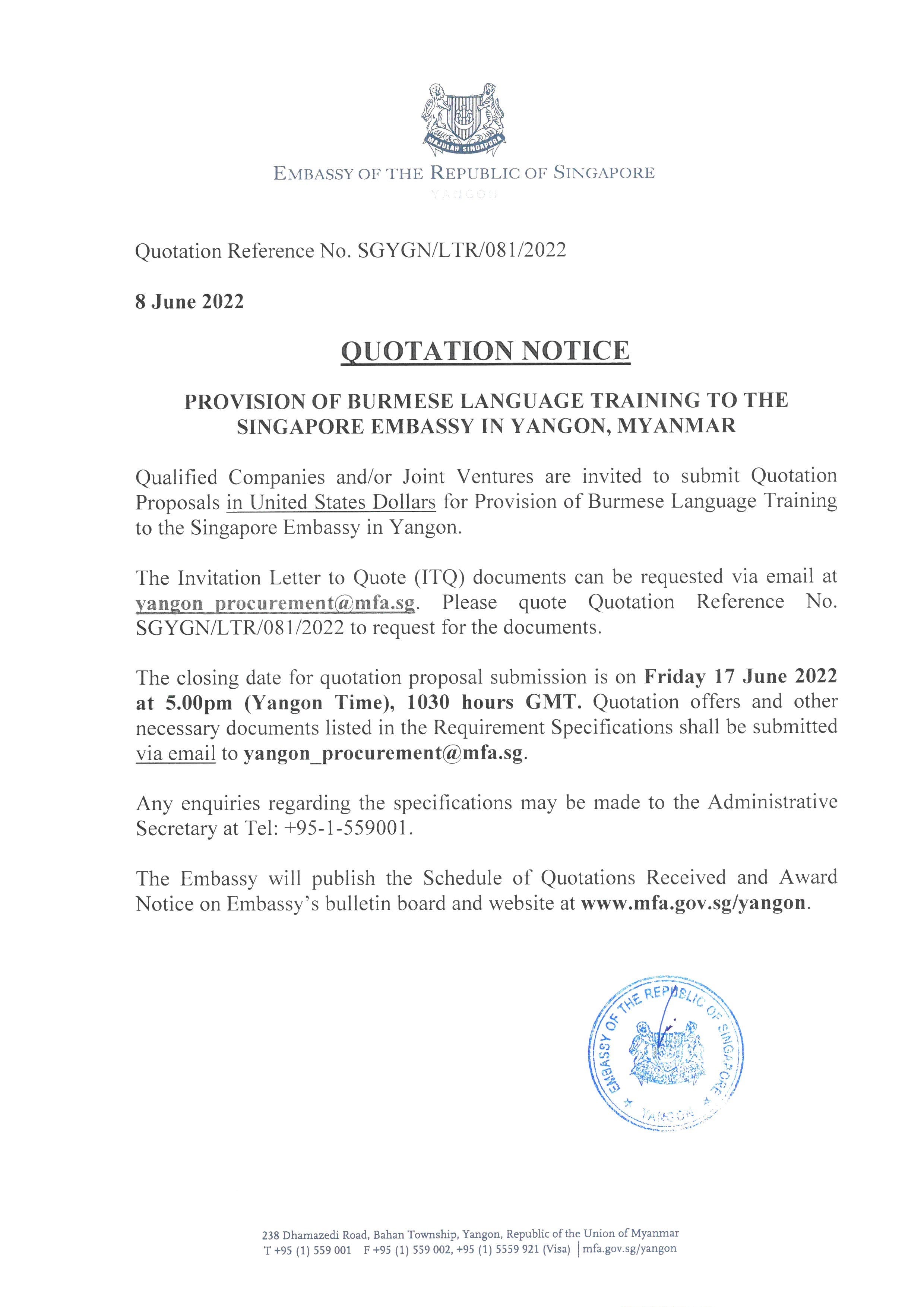 Document: Singapore Embassy quotation notice for Burmese language training. Includes contact info and website.